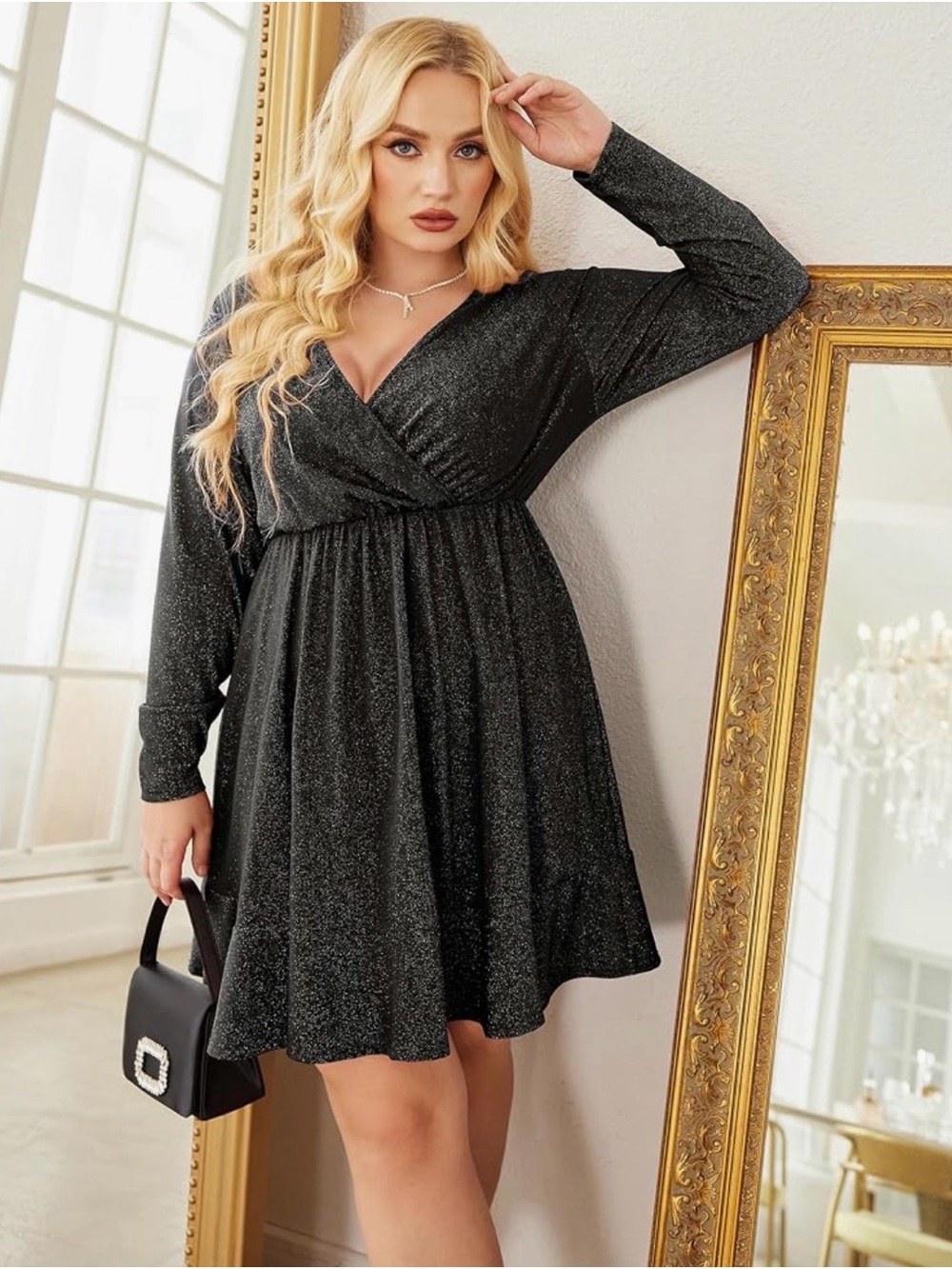 Cato Black Sparkle Long Sleeve V-Neck A-Line Dress